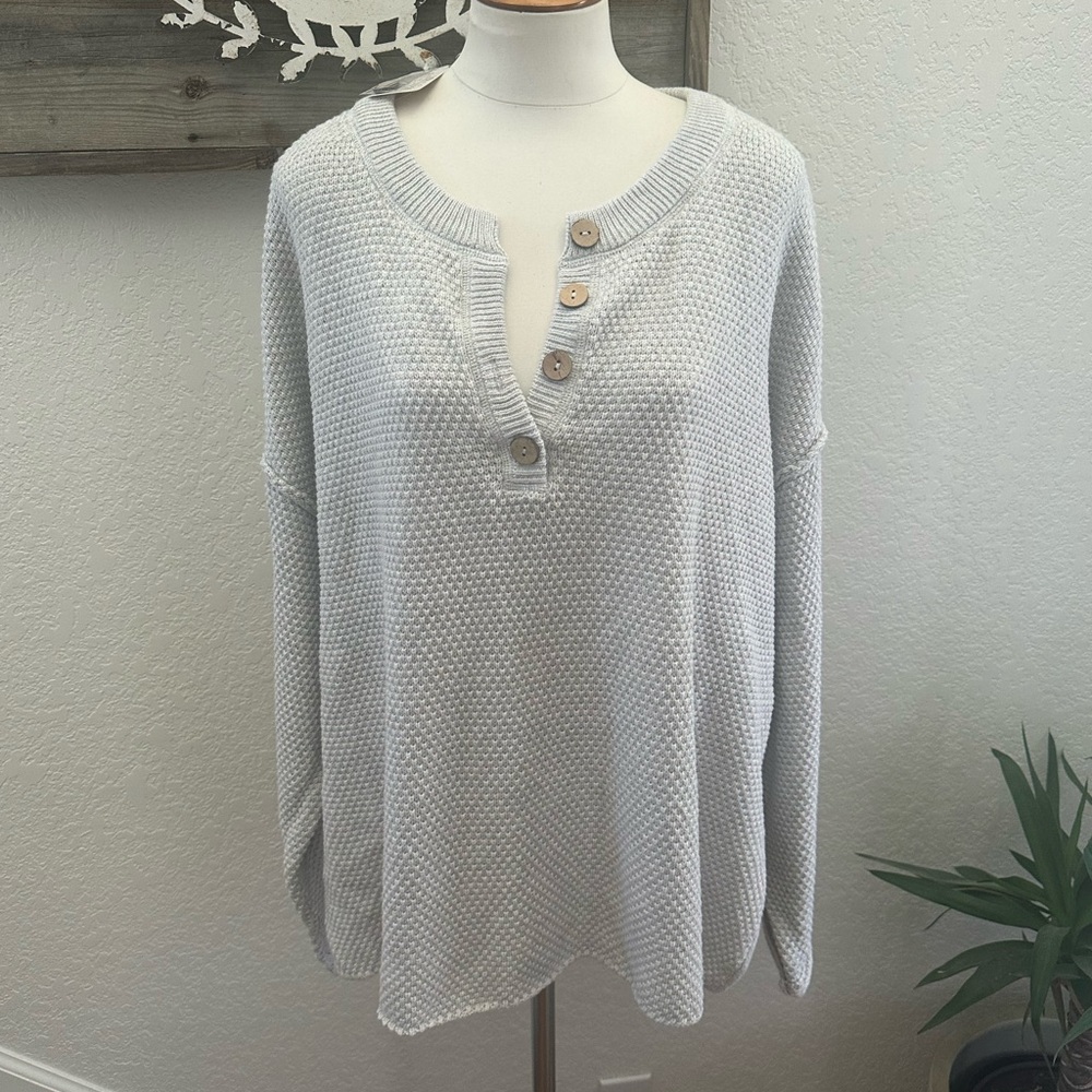 Free People Beach Hailey Gray Button-Up Cotton Knit Sweater Top size Large NWT